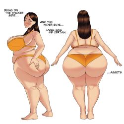 Rule 34 | 1girl, arms at sides, ass, bad id, bad twitter id, bare arms, bare legs, barefoot, bikini, blush, breasts, brown hair, cleavage, closed eyes, english text, facing away, facing to the side, fat, from behind, from side, full body, hand on own ass, highres, huge ass, huge breasts, knees, large breasts, long hair, looking at viewer, multiple views, navel, orange bikini, original, plump, simple background, smile, solo, standing, stomach, swimsuit, toroboro, white background, wide hips