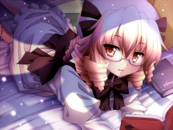 Rule 34 | 1girl, barefoot, bespectacled, blonde hair, book, drill hair, female focus, glasses, light particles, looking at viewer, luna child, lying, on stomach, open book, open mouth, reading, smile, solo, sui. (ayase), touhou, window shadow