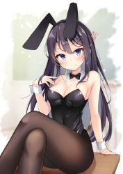 Rule 34 | 1girl, animal ears, bare shoulders, black hair, black hairband, black leotard, blush, breasts, brown pantyhose, chalkboard, closed mouth, collarbone, colored inner hair, commission, crossed legs, desk, detached collar, fake animal ears, grey hair, hair ornament, hairband, hairclip, hand on own chest, hand up, highres, leotard, long hair, looking at viewer, medium breasts, miy@, multicolored hair, on table, pantyhose, pixiv commission, playboy bunny, rabbit ears, rabbit hair ornament, sakurajima mai, school desk, seishun buta yarou, sitting, smile, solo, strapless, strapless leotard, table, two-tone hair, very long hair, wrist cuffs