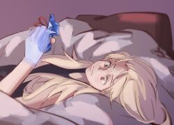 Rule 34 | 1girl, bare arms, black tank top, blonde hair, closed mouth, commentary, egakuning, english commentary, gift, highres, holding, holding gift, indoors, long hair, lying, nishina toriko, on back, on bed, solo, tank top, transparent hand, urasekai picnic