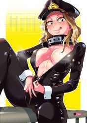 Rule 34 | 10s, 1girl, bad id, bad pixiv id, bodysuit, boku no hero academia, breasts, brown eyes, brown hair, center opening, cleavage, hat, large breasts, licking lips, looking at viewer, medium hair, no bra, open clothes, peaked cap, simple background, sitting, smile, solo, steve chopz, tongue, tongue out, utsushimi kemii, v, wrist cuffs, yellow background