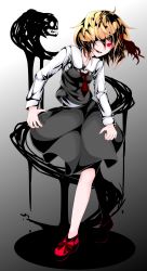 Rule 34 | 1girl, :d, absurdres, black eyes, blonde hair, collared shirt, darkness, hair ribbon, heterochromia, highres, open mouth, red eyes, ribbon, rumia, shi to na, shirt, short hair, skirt, smile, solo, touhou, vest, wing collar