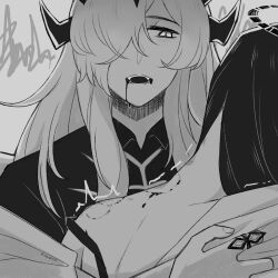 Rule 34 | 2girls, arknights, artist name, virtuosa (arknights), bare shoulders, bite mark, bite mark on neck, bite mark on shoulder, blood, blood drip, blood from mouth, broken halo, dragon horns, eblana (arknights), fangs, greyscale, hair ornament, hair over one eye, halo, highres, horns, hug, jacket, jacket partially removed, jewelry, looking at another, monochrome, multiple girls, multiple rings, open clothes, open jacket, open mouth, partially undressed, ring, seductive smile, shirt, sihzari, simple background, sketch, smile, teeth, trembling, twitter username, upper body, upper teeth only, yuri