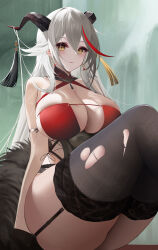 1girl absurdres aegir_(azur_lane) aegir_(golden_dragon_among_auspicious_clouds)_(azur_lane) armlet ass azur_lane black_horns blush breasts cleavage coat criss-cross_halter detached_collar earrings fur-trimmed_coat fur_trim garter_straps hair_between_eyes hair_on_horn halterneck highres horn_ornament horns jewelry kuaile_hei_zi large_breasts long_hair looking_at_viewer multicolored_background multicolored_hair official_alternate_costume sidelocks skindentation slit_pupils smile solo thick_thighs thighhighs thighs torn_clothes torn_thighhighs very_long_hair white_hair yellow_eyes