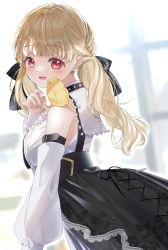 Rule 34 | 1girl, absurdres, animal, animal on shoulder, bird, bird on shoulder, black skirt, blonde hair, blush, bow, braid, detached sleeves, earrings, hair bow, high-waist skirt, highres, jewelry, kogara toto, lace, lace-trimmed skirt, lace trim, long hair, long sleeves, low twintails, open mouth, pome charo, puffy long sleeves, puffy sleeves, red eyes, shirt, skirt, solo, swept bangs, twintails, virtual youtuber, vspo!, white bow, white shirt, window