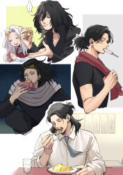 Rule 34 | 1boy, 1girl, bags under eyes, black hair, blue necktie, boku no hero academia, crumbs, eating, eraser head (boku no hero academia), eri (boku no hero academia), facial hair, food, food in mouth, grey scarf, highres, holding, holding food, holding spoon, horns, macaron, messy hair, mustache stubble, necktie, necktie in pocket, pectoral cleavage, pectorals, ponytail, popsicle, popsicle in mouth, rnuyvm, scar, scar on face, scarf, shirt, single horn, sparse stubble, spoon, stubble, t-shirt, towel, towel around neck, white shirt