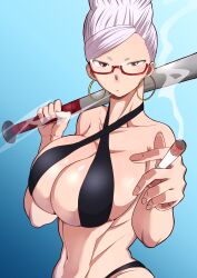 1girl absurdres ayase_seiko baseball_bat beehive_hairdo bikini black_bikini blue_background breasts cigarette cleavage collarbone criss-cross_halter dandadan earrings exhaling_smoke glasses halterneck highres holding holding_baseball_bat hoop_earrings huge_breasts jewelry long_hair looking_at_viewer mature_female metal_baseball_bat navel red-framed_eyewear red_eyes semi-rimless_eyewear simple_background smoking solo stomach swimsuit tall_hair toned_female upper_body white_hair yu_ki_ruta60