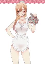 1girl apron artist_request breasts collarbone kitagawa_marin large_breasts long_hair lunchbox maid_headdress official_art one_eye_closed sleeveless solo sono_bisque_doll_wa_koi_wo_suru straight_hair thighs white_apron