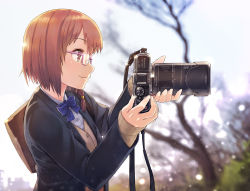 Rule 34 | 1girl, bag, bare tree, black jacket, blazer, blue bow, blue bowtie, blurry, blurry background, bob cut, bow, bowtie, braid, brown eyes, brown hair, buttons, camera, closed mouth, collared shirt, day, depth of field, dress shirt, fingernails, from side, glasses, hair over shoulder, hair tie, handbag, holding, holding camera, itou (onsoku tassha), jacket, light particles, long sleeves, matching hair/eyes, original, outdoors, pink-framed eyewear, profile, school uniform, shirt, short hair, side braid, single braid, sleeves past wrists, smile, solo, sweater vest, taking picture, tree, upper body, white shirt