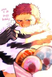 Rule 34 | 1boy, aoiaoba0316, blush, charlotte katakuri, chest tattoo, covering own mouth, dated, doughnut, food, giving, gloves, half-closed eyes, happy birthday, highres, male focus, one piece, pink hair, portrait, scarf, scarf over mouth, short hair, shy, solo, sunlight, tattoo