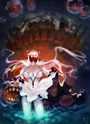 Rule 34 | 10s, 1girl, abyssal ship, breasts, cleavage, clothes lift, covered mouth, dress, dress lift, glowing, glowing eyes, horns, huge breasts, kantai collection, long hair, looking at viewer, machinery, md5 mismatch, midway princess, monster, orange eyes, pale skin, resolution mismatch, saboten (sabo10), solo, source larger, splashing, veins, very long hair, wading, water, white dress, white hair