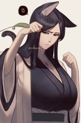 Rule 34 | 1girl, 50x48x48, anger vein, animal ear fluff, animal ears, bell, black hair, bleach, bleach: sennen kessen-hen, blue eyes, blue kimono, breasts, cat ears, cat girl, cat tail, closed mouth, commentary, frown, grey background, hair over shoulder, hands up, haori, highres, huge breasts, japanese clothes, jingle bell, jitome, kemonomimi mode, kimono, long hair, long sleeves, looking at viewer, nose, parted bangs, paw pose, scar, scar on chest, simple background, solo, speech bubble, spoken anger vein, straight hair, tail, twitter username, unamused, unohana retsu, upper body, wide sleeves