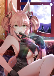 Rule 34 | 1girl, animal ear fluff, animal ears, bare shoulders, bell, black dress, black gloves, blush, breasts, center opening, china dress, chinese clothes, cleavage, cleavage cutout, closed mouth, clothing cutout, commentary request, dress, fate/grand order, fate (series), folded fan, folding fan, fox ears, glasses, gloves, hair between eyes, hair ornament, hand fan, highres, holding, iroha (shiki), jingle bell, koyanskaya (chinese lostbelt outfit) (fate), koyanskaya (fate), large breasts, looking at viewer, pink hair, sidelocks, smile, solo, tamamo (fate), type-moon, underboob, yellow eyes