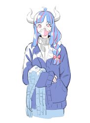 Rule 34 | 1girl, ahoge, blue cardigan, blue hair, blue scarf, braid, cardigan, covered mouth, curled horns, dinosaur girl, hand in pocket, horns, long hair, looking at viewer, mask, mouth mask, multicolored hair, one piece, pink eyes, pink hair, pink mask, raine (acke2445), scarf, simple background, single braid, solo, streaked hair, sweater, turtleneck, turtleneck sweater, ulti (one piece), white background, white sweater