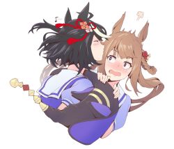 Rule 34 | 2girls, puff of air, animal ears, black hair, black headwear, blush, brown hair, closed eyes, cropped torso, hair ornament, hair rings, hat, head kiss, highres, holding, holding clothes, holding hat, horse ears, kiss, kitasan black (umamusume), long hair, looking at another, multicolored hair, multiple girls, musical note, nose blush, purple shirt, sailor collar, school uniform, shirt, short hair, simple background, sinnra art, streaked hair, surprised, sweep tosho (umamusume), tearing up, tracen school uniform, twintails, umamusume, unworn hat, unworn headwear, upper body, white background, witch hat, yuri