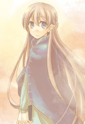 Rule 34 | 1girl, beige background, blue cape, blush, book, braid, cape, cloak, dress, expressionless, fire emblem, fire emblem: the binding blade, french braid, hair between eyes, holding, holding book, hugging object, long hair, looking at viewer, nintendo, own hands together, purple eyes, purple hair, serina ranshi, simple background, solo, sophia (fire emblem), upper body, v arms, very long hair