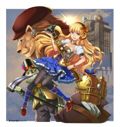 Rule 34 | 1girl, :d, belt, belt buckle, black hairband, black headwear, black pants, black pantyhose, blonde hair, blue dress, blue footwear, blue sky, boots, breasts, brown jacket, buckle, building, cabbie hat, cleavage, cloud, commentary request, corset, cowardly lion, dated, day, dorothy gale, dress, frilled dress, frills, glasses, green belt, green jacket, gun, hairband, hat, highres, holding, holding gun, holding scythe, holding weapon, jacket, knees together feet apart, kuzumochi (kuzumochiya), long hair, medium breasts, open mouth, outdoors, pants, pantyhose, propeller, puffy short sleeves, puffy sleeves, red headwear, robot, scarecrow, scarecrow (twooz), scythe, short sleeves, shrug (clothing), signature, sky, smile, steampunk, the wizard of oz, tin man, top hat, very long hair, weapon, weapon request