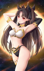 Rule 34 | 1girl, armpits, arms up, asymmetrical sleeves, bikini, black ribbon, breasts, brown hair, crown, detached collar, detached sleeves, earrings, fate/grand order, fate (series), hair ribbon, highres, ishtar (fate), jewelry, long hair, looking at viewer, medium breasts, navel, parted bangs, red eyes, ribbon, rinko riban, self-upload, single detached sleeve, single sleeve, solo, standing, strapless, strapless bikini, swimsuit, two side up, uneven sleeves