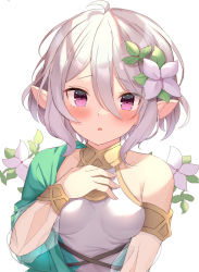 Rule 34 | 1girl, antenna hair, bad proportions, bare shoulders, blush, breasts, collarbone, commentary request, detached sleeves, dress, flower, hair between eyes, hair flower, hair ornament, hand up, highres, kokkoro (princess connect!), long sleeves, looking at viewer, medium breasts, open mouth, pointy ears, princess connect!, purple eyes, raru0310, see-through, see-through sleeves, short hair, silver hair, simple background, sleeveless, sleeveless dress, solo, upper body, white background, white flower