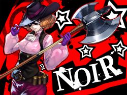 Rule 34 | 10s, 1girl, axe, battle axe, belt, blouse, brown hair, character name, framed breasts, gloves, hat, highres, mask, okumura haru, persona, persona 5, pink shirt, purple hat, shirt, solo, torio (mocd1985), weapon