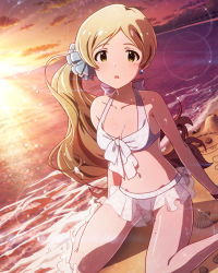 Rule 34 | 10s, 1girl, alternate hairstyle, artist request, beach, bikini, bracelet, brown hair, character name, earrings, handa roco, idolmaster, idolmaster million live!, jewelry, long hair, looking at viewer, midriff, musical note, official art, side ponytail, signature, solo, sunset, swimsuit, very long hair, white bikini, yellow eyes