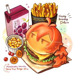 Rule 34 | burger, cheese, corn, diluc (genshin impact), food, food focus, foodification, french fries, genshin impact, happy birthday, heart, highres, juice box, lettuce, no humans, sparkle, still life, tomato, tomato slice, xindi