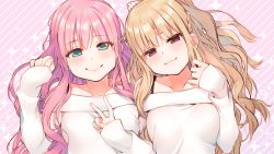 Rule 34 | 2girls, :3, blonde hair, blush, braid, breasts, closed mouth, collarbone, eyebrows, fujigasaki connie, fuzuki fuuro, green eyes, hair between eyes, head tilt, long hair, looking at viewer, medium breasts, multiple girls, off-shoulder, off-shoulder sweater, off shoulder, official art, olive! believe &quot;olive&quot;?, pink background, pink hair, red eyes, sleeves past wrists, smile, sparkle, sweater, upper body, v