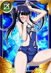 Rule 34 | 00s, 1girl, black hair, card (medium), closed eyes, female focus, hair ornament, ikkitousen, long hair, official art, one-piece swimsuit, saji genpou (true), school swimsuit, solo, swimsuit, torn clothes, torn swimsuit, twintails, yellow eyes