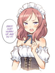 Rule 34 | 10s, 1girl, bare shoulders, blush, corset, detached collar, detached sleeves, hard-translated, kuinji 51go, looking at viewer, love live!, love live! school idol festival, love live! school idol project, maid, maid headdress, neck ribbon, nishikino maki, open mouth, parted bangs, purple eyes, red hair, ribbon, short hair, solo, speech bubble, strapless, third-party edit, translated, upper body, white background
