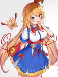 Rule 34 | 1girl, absurdres, akai haato, akai haato (1st costume), blonde hair, blue dress, blue eyes, blush, breasts, commentary request, dress, hair ornament, heart, highres, hololive, large breasts, long hair, looking at viewer, one side up, open mouth, pig, red ribbon, ribbon, short sleeves, simple background, smile, solo, thighhighs, virtual youtuber, wang man, white background
