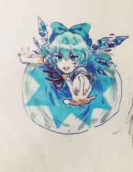 Rule 34 | 1girl, 21scorpii, blue bow, blue dress, blue eyes, blue hair, bow, bowtie, cirno, collared dress, dress, eyelashes, fairy, fairy wings, from above, hair bow, ice, ice wings, looking at viewer, marker (medium), open mouth, outstretched arms, puffy short sleeves, puffy sleeves, reaching, reaching towards viewer, red bow, red bowtie, short hair, short sleeves, smile, touhou, traditional media, triangle print, v-shaped eyebrows, white sleeves, white trim, wings