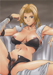 Rule 34 | 1girl, absurdres, blonde hair, blue eyes, boots, breasts, censored, dead or alive, female pubic hair, highres, large breasts, legs, looking at viewer, midriff, momoi nanabei, navel, nipple slip, nipples, pubic hair, pussy, serious, short hair, simple background, sitting, solo, spread legs, tecmo, thighs, tina armstrong, unbuttoned, wristband