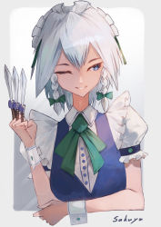 Rule 34 | 1girl, ;), absurdres, apron, arm garter, arm up, between fingers, blush, border, braid, breasts, buttons, character name, collared shirt, commentary request, dress, eyelashes, frilled sleeves, frills, green neckwear, green ribbon, hair ribbon, highres, holding, holding knife, izayoi sakuya, knife, knives between fingers, lips, looking to the side, maid, maid apron, maid headdress, medium breasts, one eye closed, outside border, puffy short sleeves, puffy sleeves, ribbon, ryes 8, shirt, short sleeves, silver hair, smile, solo, touhou, tress ribbon, twin braids, white shirt, white wrist cuffs, wing collar, wrist cuffs