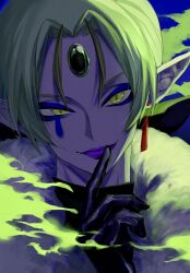 Rule 34 | 1boy, battamonda, black gloves, blue background, earrings, finger to mouth, fog, forehead jewel, fur trim, gloves, green eyes, hair intakes, hand up, highres, hirogaru sky! precure, index finger raised, jewelry, long hair, looking at viewer, makeup, mascara, nerutora, pointy ears, precure, purple lips, simple background, single earring, smile, solo, turtleneck, upper body