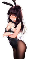 Rule 34 | 1girl, absurdres, animal ears, bare arms, bare shoulders, black hair, black leotard, bow, bowtie, breasts, brown eyes, brown pantyhose, cleavage, cowboy shot, crossed arms, detached collar, fake animal ears, fake tail, hair ornament, hairband, hairclip, highres, leotard, long hair, looking at viewer, medium breasts, original, pantyhose, playboy bunny, rabbit ears, rabbit tail, shouu-kun, simple background, solo, strapless, strapless leotard, tail, white background, wrist cuffs, x hair ornament