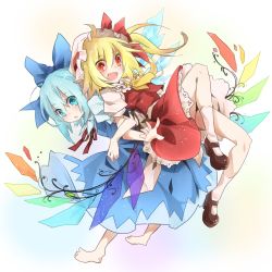 Rule 34 | 2girls, :d, ascot, back-to-back, barefoot, blonde hair, blue hair, bow, cirno, dress, fang, female focus, flandre scarlet, hair bow, hat, highres, locked arms, long hair, mary janes, multiple girls, open mouth, shoes, short hair, side ponytail, skirt, skirt set, smile, touhou, toutenkou, wings