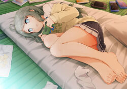 Rule 34 | 1girl, ahoge, bare legs, barefoot, blue eyes, blue ribbon, chips (food), commentary request, commission, controller, english text, eyelashes, feet, food, foreshortening, full body, game controller, green hair, hair ornament, handheld game console, hands up, holding, indoors, inohara koboshi, kagiana, knees up, legs, legs together, long hair, looking to the side, lying, miniskirt, neck ribbon, off shoulder, on side, ongeki, open mouth, pleated skirt, potato chips, ribbon, shadow, shirt, sidelocks, skeb commission, skirt, socks, unworn socks, solo, swept bangs, tan sweater, thighs, toenails, toes, white shirt, white socks
