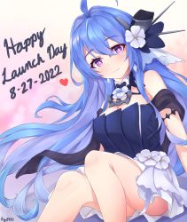Rule 34 | 1girl, ahoge, anchor choker, artist name, azur lane, blue dress, blue hair, breasts, closed mouth, commentary, dated, dress, english commentary, english text, flower, hair between eyes, hair flower, hair intakes, hair ornament, happy birthday, heart, helena (azur lane), helena (may i have this dance?) (azur lane), highres, kyl490, looking at viewer, medium breasts, official alternate costume, purple eyes, signature, sitting, skirt, smile, solo, white skirt