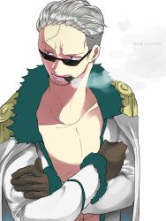 Rule 34 | 1boy, cigar, crossed arms, curry gohan, epaulettes, fur trim, gloves, jacket, male focus, one piece, open clothes, open shirt, scar, shirt, smoker (one piece), smoking, sunglasses, white hair