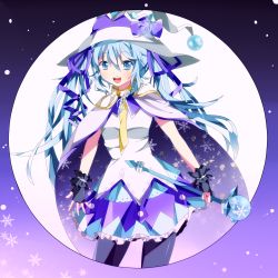 Rule 34 | 1girl, absurdres, artist request, bad id, bad pixiv id, blue eyes, blue hair, cape, fingerless gloves, gloves, hat, hatsune miku, highres, long hair, matching hair/eyes, open mouth, smile, snowflakes, solo, vocaloid, wand, witch hat, yuki miku