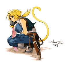 Rule 34 | 1boy, aqua vest, bare shoulders, belt, blonde hair, blue eyes, blue pants, boots, character name, cuffs, dagger, final fantasy, final fantasy ix, full body, gloves, holding, holding dagger, holding knife, holding weapon, knife, long hair, looking to the side, low ponytail, male focus, monkey tail, nanami (fuku), pants, parted bangs, shirt, sleeveless, sleeveless shirt, squatting, tail, weapon, white background, white shirt, zidane tribal