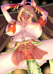 Rule 34 | 1boy, 1girl, absurdres, action taimanin, alternate costume, arms up, blonde hair, bouncing breasts, breasts, dancing, erection, green eyes, happy sex, hetero, highres, huge breasts, imminent penetration, imminent vaginal, kosaka shizuru, large breasts, long hair, looking at viewer, no panties, official alternate costume, orc, pelvic curtain, penis, pussy, r-wade, revealing clothes, sex, shiny skin, spread legs, taimanin (series), taimanin yukikaze, veil