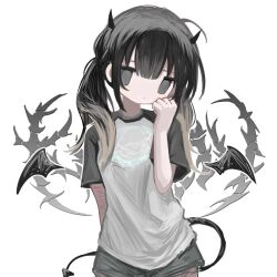 Rule 34 | 1girl, ahoge, blunt bangs, breasts, demon girl, demon horns, demon tail, demon wings, dot mouth, expressionless, grey eyes, greyscale, hand up, horns, looking at viewer, monochrome, norisakana, original, short shorts, short sleeves, shorts, sidelocks, simple background, small breasts, solid eyes, solo, tail, twintails, upper body, white background, wings
