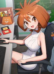 Rule 34 | 1girl, :d, absurdres, arcade bunny, bare arms, breasts, brigette (pokemon), cameo, chair, commentary request, covered navel, creatures (company), dress, eshop bag, fingernails, game freak, gonzarez, hair between eyes, handheld game console, happy, highres, indoors, keyboard (computer), large breasts, looking at viewer, mouse (computer), mousepad (object), nikki&#039;s cat, nikki&#039;s panda, nikki (swapnote), nintendo, nintendo 3ds, nintendo badge arcade, nintendo eshop, office, office chair, on chair, open mouth, partial commentary, pink nails, poke ball, poke ball (basic), pokemon, pokemon bank, short dress, sitting, sleeveless, sleeveless dress, smile, solo, swapnote, swivel chair, white dress
