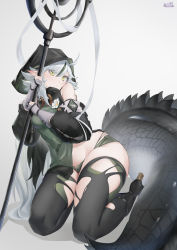 Rule 34 | 1girl, absurdres, akimurasaki, arknights, breasts, crocodilian tail, flower, full body, gloves, goggles, goggles around neck, green shorts, grey gloves, grey hair, highres, holding, holding staff, hood, hood up, hooded shirt, large tail, medium breasts, micro shorts, navel, open clothes, open fly, open shorts, partially fingerless gloves, pointy ears, see-through, shorts, solo, staff, tail, thighhighs, thighs, tomimi (arknights), torn clothes, torn thighhighs, white background, white flower, yellow eyes
