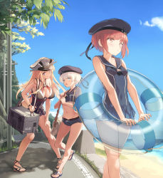 Rule 34 | 10s, 3girls, adapted costume, beach, beret, bikini, bismarck (kancolle), blonde hair, blue eyes, blush, bow, breasts, brown eyes, brown hair, casual one-piece swimsuit, clothes writing, covered navel, cross, frilled swimsuit, frills, full body, hat, highres, innertube, kantai collection, large breasts, leaning forward, midriff, military hat, multiple girls, navel, one-piece swimsuit, peaked cap, sailor bikini, sailor collar, sailor hat, sandals, school uniform, serafuku, short shorts, shorts, small breasts, smile, swim ring, swimsuit, toes, translated, u jie, z1 leberecht maass (kancolle), z3 max schultz (kancolle)