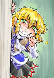 Rule 34 | 1girl, angry, biting, biting own thumb, blonde hair, green eyes, highres, jealous, mizuhashi parsee, nail biting, peeking out, pointy ears, scarf, shinapuu, short hair, snot, solo, tears, biting own thumb, touhou, wall