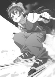 Rule 34 | 1girl, bad id, bad twitter id, blush, commentary request, gloves, greyscale, hair between eyes, hat, highres, long hair, love live!, love live! school idol festival, love live! school idol project, miton (turuyasann), monochrome, open mouth, skiing, skis, snow, solo, sonoda umi