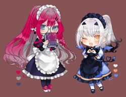Rule 34 | 2girls, ;d, apron, baobhan sith (fate), black apron, black dress, blue dress, book, chibi, dress, fate/grand order, fate (series), frilled dress, frills, glasses, grey eyes, hair ornament, hairclip, heart, heart hands, holding, holding book, long hair, maid, maid apron, maid headdress, melusine (fate), multiple girls, one eye closed, open mouth, pink hair, pointy ears, ponytail, round eyewear, smile, sumifate, white apron, white hair, yellow eyes