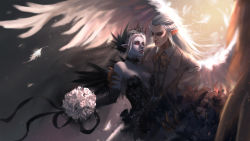 Rule 34 | 1boy, 1girl, absurdres, black dress, black gloves, blue skin, bouquet, breasts, carrying, cleavage, colored skin, crown, dota (series), dota 2, dress, elbow gloves, feathers, flower, gloves, highres, holding, holding bouquet, jacket, long hair, long sleeves, pointy ears, princess carry, red eyes, rose, skywrath mage (dota), sleeveless, sleeveless dress, vengeful spirit (dota), wedding, wedding dress, white flower, white hair, white jacket, white rose, wings, yuwei li